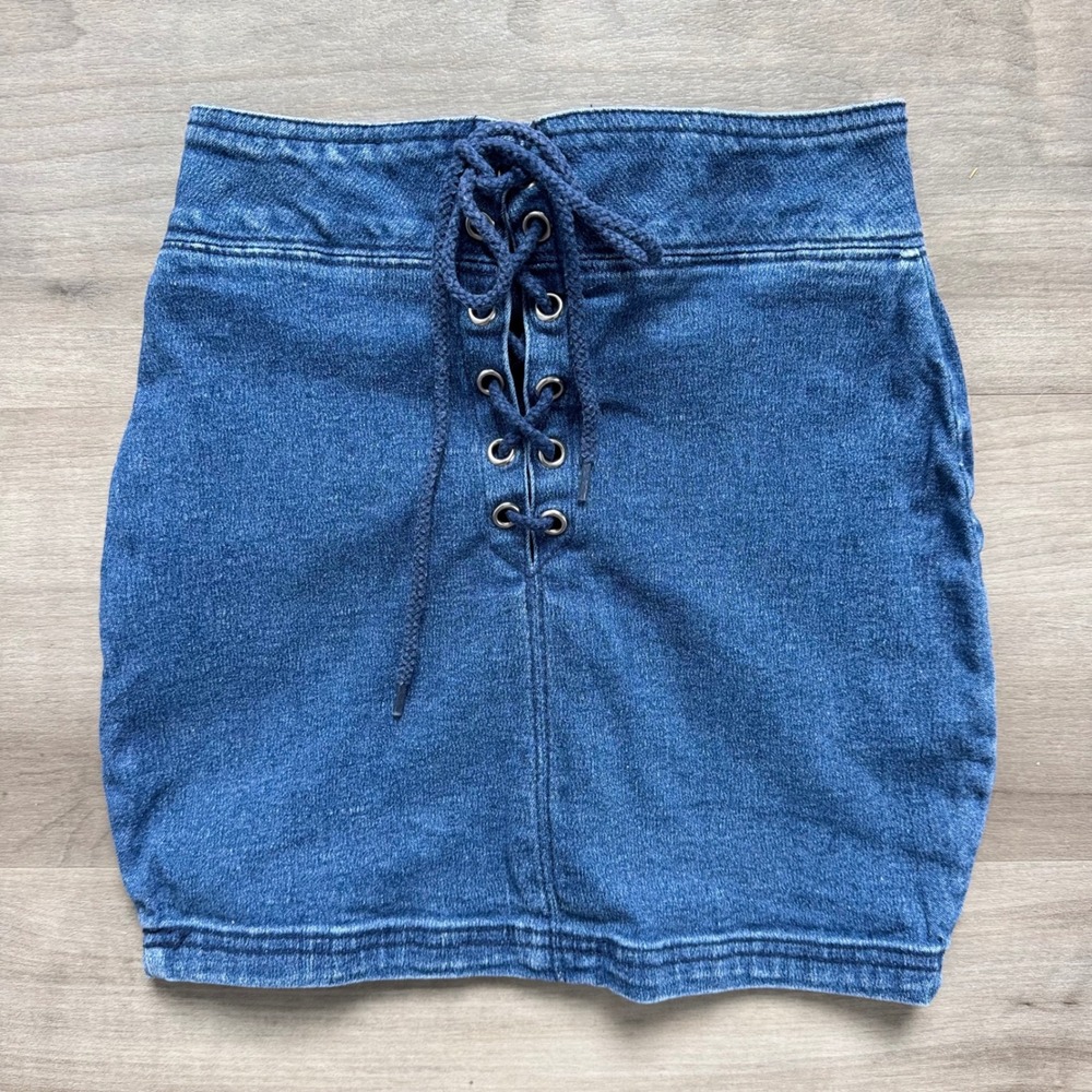 Vintage 80's The Limited Denim Mini Skirt Blue Lace Up Front High Waist Size 8
